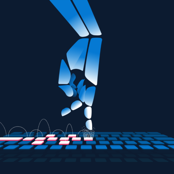 Illustration of a robotic arm playing hopscotch on a computer keyboard