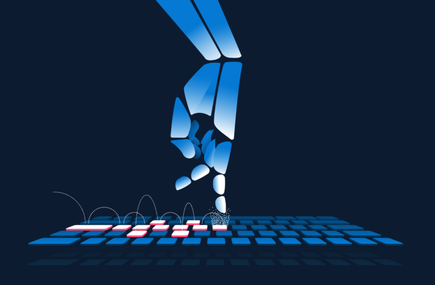 Illustration of a robotic arm playing hopscotch on a computer keyboard