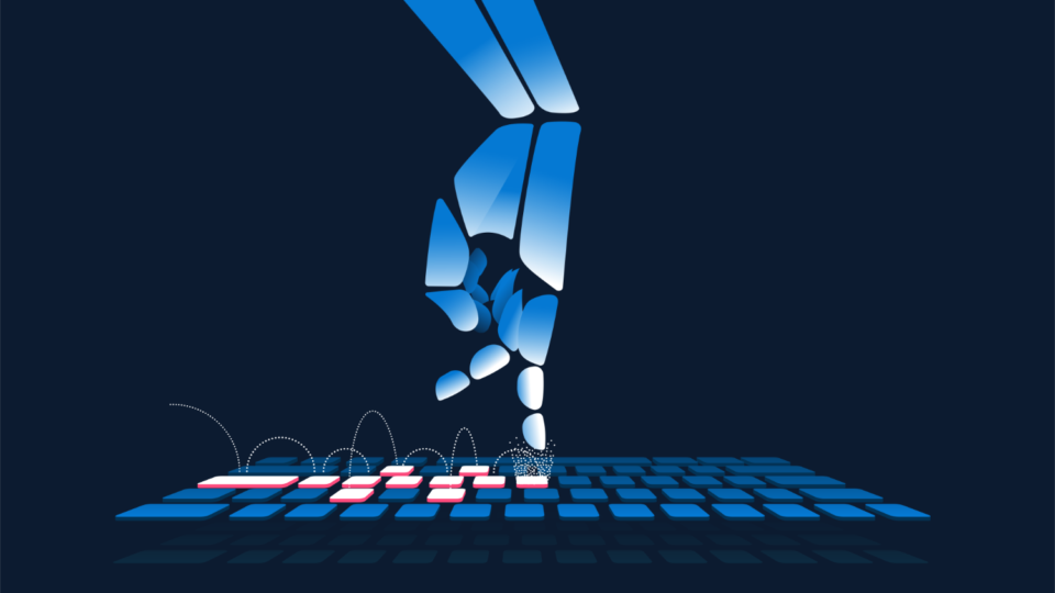 Illustration of a robotic arm playing hopscotch on a computer keyboard