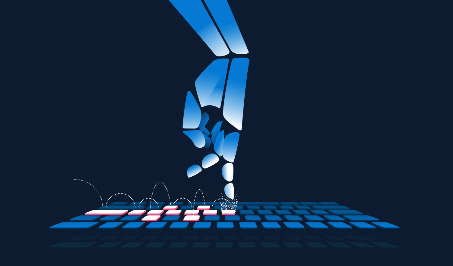 Illustration of a robotic arm playing hopscotch on a computer keyboard