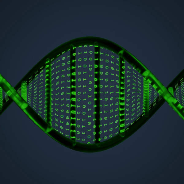 3d render of dna made of green binary code