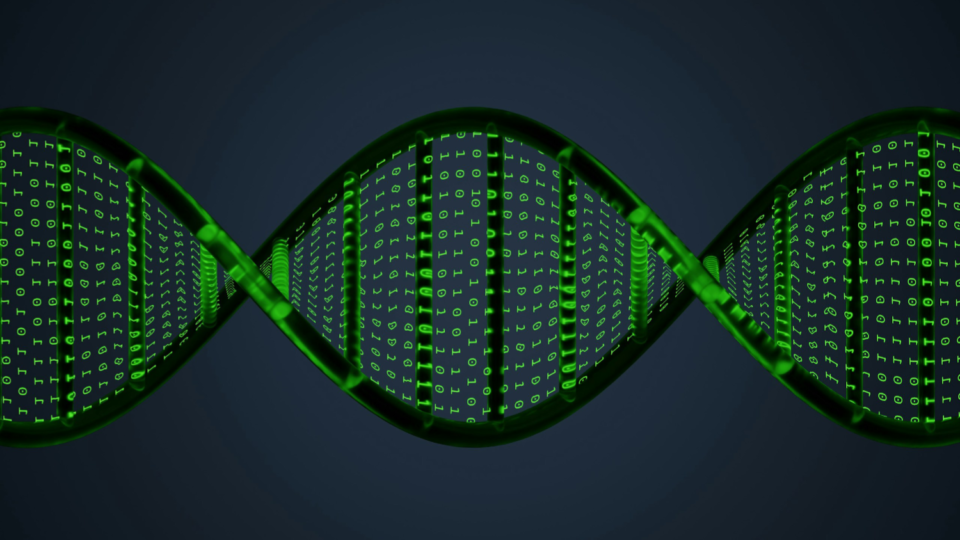 3d render of dna made of green binary code