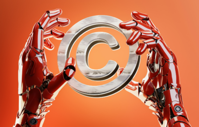 Robotic hands holding 3D render of copyright symbol