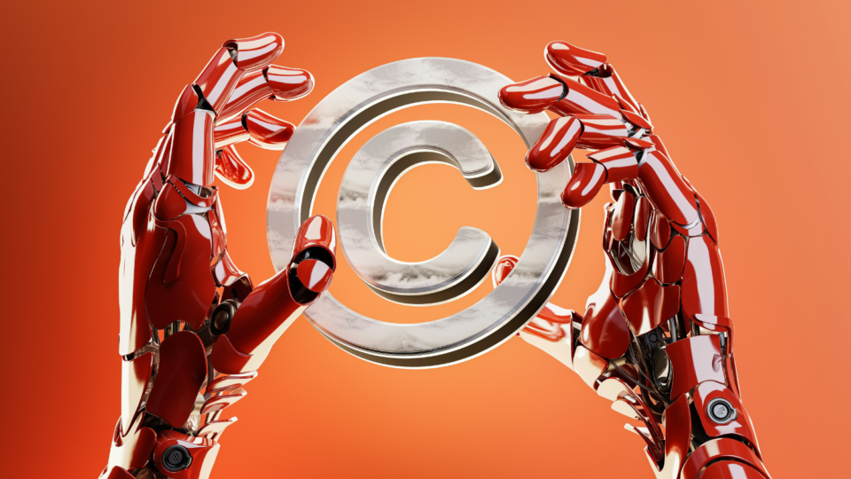 Robotic hands holding 3D render of copyright symbol